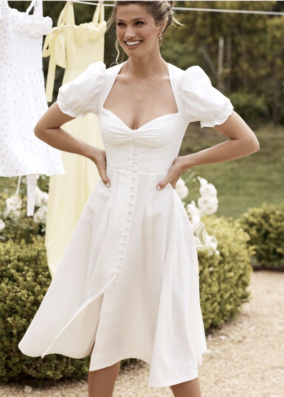 House of CB Ellery White linen blend puff sleeve midi sundress